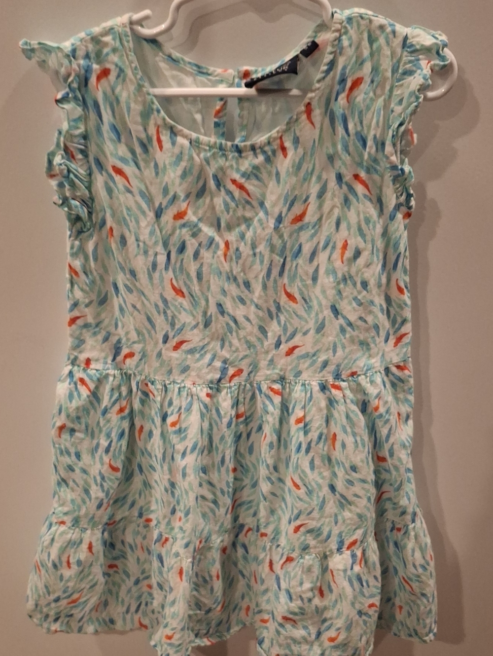 Girl's Aqua Leaf-Print Casual Dress with Orange Accents